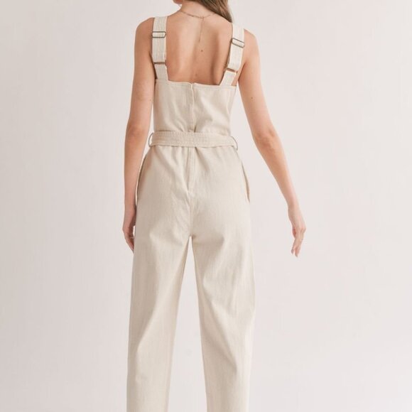 Women's Cotton Denim Overalls | Oatmeal - Picture 4 of 5